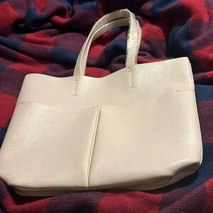 NWOT Neiman Marcus White Tote shopper  Bag pockets covered handles leather like